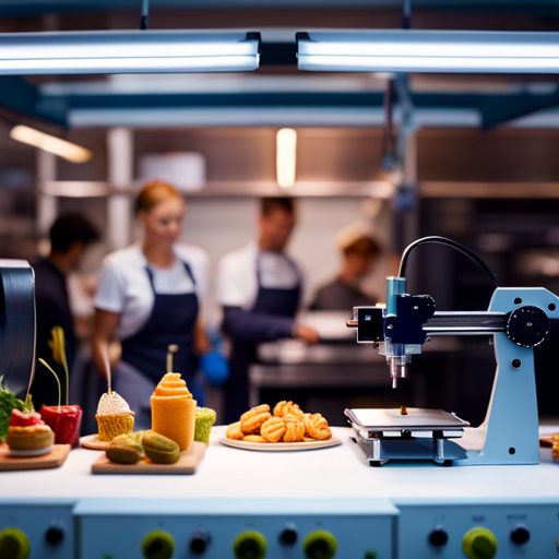 An image of a 3D printer producing a variety of intricate and realistic food items, such as pastries, fruits, and savory dishes, with a bustling production line in the background