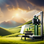 An image of a 3D printer using biodegradable and sustainable materials to produce food items, with a background of a lush, green farm and renewable energy sources