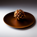 An image of a 3D printed chocolate sculpture of a delicate flower, adorned with edible metallic accents, sitting on a sleek white plate