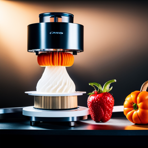 An image of a sleek, futuristic 3D food printer with intricate, geometric patterns and vibrant, multi-colored food designs being printed, highlighting the intersection of technology and culinary artistry