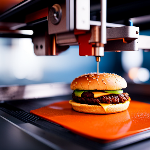 An image of a 3D printer crafting a realistic-looking meat alternative, such as a burger patty or chicken nugget, with precise layers and intricate details