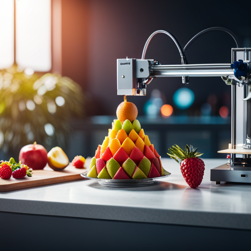 An image of a 3D printer creating intricate, colorful, and detailed food designs, such as a geometric fruit salad or a sculpted chocolate dessert, in a sleek, modern kitchen setting