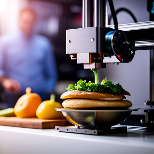 An image of a 3D printer in action, intricately layering different colored and shaped food items to create a visually stunning and appetizing dish