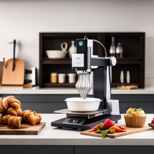 An image of a sleek, stainless steel 3D food printer in a professional kitchen setting