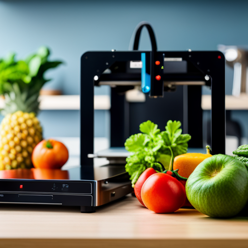 An image of a sleek, modern 3D printer in a kitchen setting, surrounded by vibrant fruits and vegetables