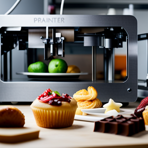 An image of a sleek, modern 3D printer in a commercial kitchen setting, with a variety of food items being printed, such as intricate pastries, custom-shaped pasta, and personalized chocolate confections