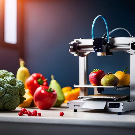 An image of a 3D printer constructing a detailed, realistic model of various fruits and vegetables, with a focus on the materials being used and the waste generated in the process