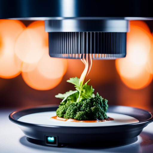 An image of a sleek, futuristic 3D food printer in action, producing intricate and appetizing dishes at lightning speed