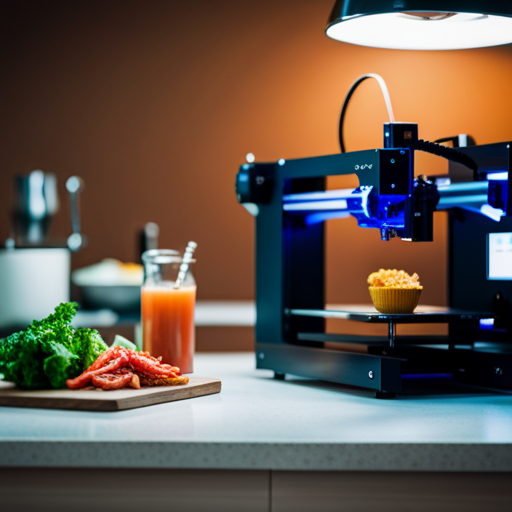 An image of a sleek, futuristic 3D printer in a professional kitchen, producing intricate and colorful food creations