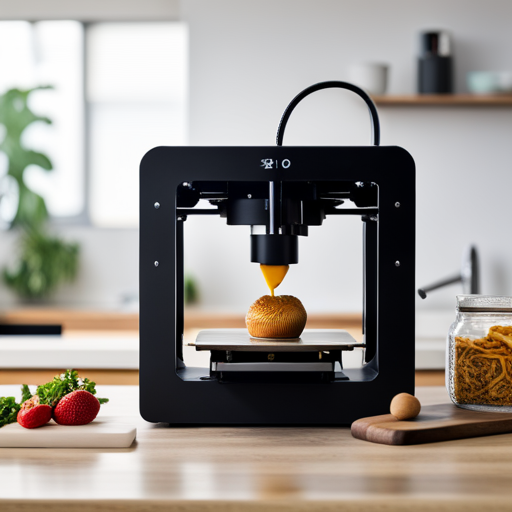 An image of a sleek, modern 3D food printer sitting on a small kitchen countertop, surrounded by limited space