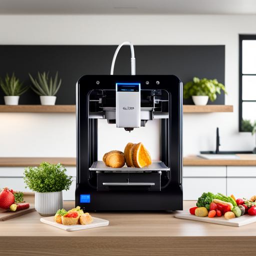 An image of a sleek, modern 3D food printer with a user-friendly touchscreen interface, easily accessible food cartridges, and a variety of printed food items on display