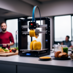 An image of a 3D printer in a kitchen setting, with various food items being printed, surrounded by people tasting and reviewing the printed food