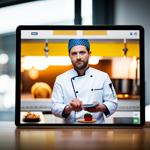 An image of a chef using a 3D food printer to create intricate and visually appealing dishes, while surrounded by a social media feed showcasing the process and finished products