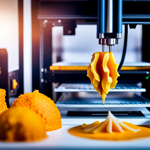 An image of a 3D printer in action, layering precise, colorful ingredients to form a detailed, edible creation