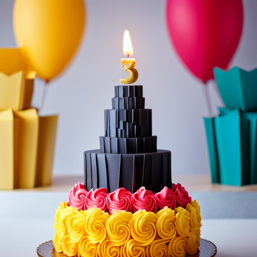 An image of a 3D printed birthday cake with intricate geometric designs and vibrant colors, surrounded by 3D printed party favors and decorations, all customized to match a specific theme or event