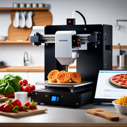 An image of a beginner-friendly 3D food printer surrounded by various types of food items being printed, such as pizza, chocolate, pasta, and fruit