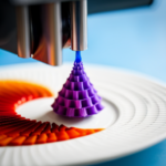 An image of a 3D printer nozzle releasing a vibrant, intricate design made from edible food inks onto a plate, showcasing the versatility and precision of 3D printed food