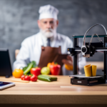 An image of a 3D printer constructing a detailed and intricate food item, with a legal document and a food safety regulation book in the background