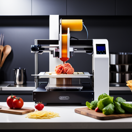 A 3D image of a sleek, modern 3D food printer in action, producing a variety of intricate and colorful food items such as pasta, chocolates, and intricate edible designs