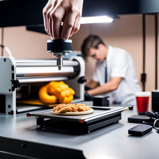 An image of a 3D food printer with a technician performing maintenance on it, surrounded by various tools and equipment