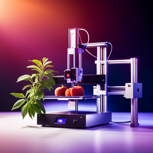 An image of a 3D printer in action, creating intricate and realistic plant-based food products, with vibrant and colorful ingredients being used as the raw materials