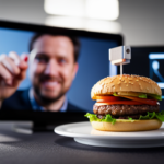 An image of a person using a computer to design a 3D model of a hamburger patty, with detailed digital rendering and a 3D printer in the background