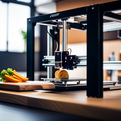 An image of a 3D printer in a modern kitchen, producing intricate and appetizing food creations