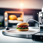 An image of a 3D printer crafting a detailed and realistic food item, with the company logo prominently displayed in the background