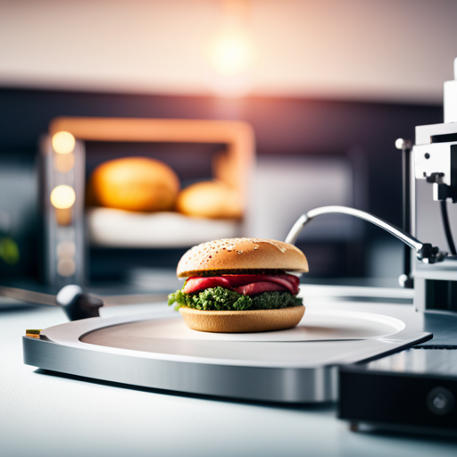 An image of a 3D printer crafting a detailed and realistic food item, with the company logo prominently displayed in the background