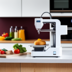 An image of a person using a 3D food printer to create a colorful, well-balanced meal with vegetables, proteins, and grains in a modern, clean kitchen environment