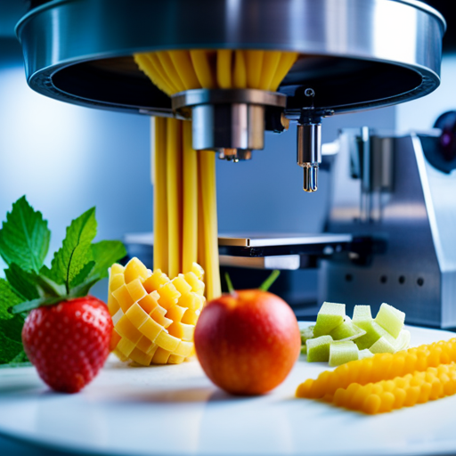 An image of a futuristic kitchen with a 3D printer creating intricately designed food shapes, such as geometric fruits and customized pasta, in vibrant colors and precise detail