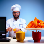 An image showing a person using a 3D printer to create intricate food designs, with various ingredients and flavors displayed nearby, representing the process of developing a business plan for a food 3D printing venture