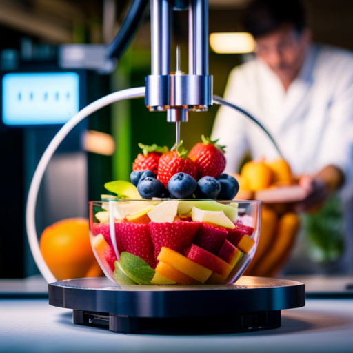 An image of a 3D printer producing a colorful, intricately designed fruit salad, with each piece showcasing different layers of nutrients and vitamins
