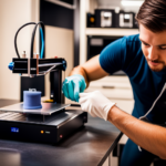 An image of a person cleaning the nozzle of a food 3D printer with a small brush, while another person wipes down the exterior with a damp cloth
