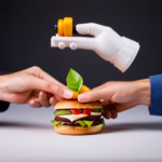 An image of two hands shaking, one hand holding a 3D printed food item and the other hand holding a blueprint or design for the food item