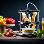 An image of a 3D printer creating intricate and realistic-looking food items, surrounded by various food ingredients and competing 3D printing technologies
