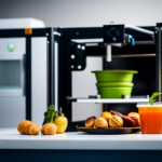 An image of a 3D printer in a kitchen setting, printing intricate and realistic looking food items such as fruits, vegetables, and pastries