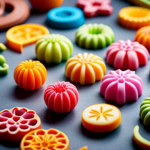 An image of a colorful assortment of 3D printed candies and desserts, showcasing intricate designs and vibrant colors