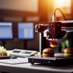 An image of a 3D printer creating intricate and detailed food items, such as a gourmet burger, sushi rolls, and elaborate desserts, with a calculator and spreadsheet in the background