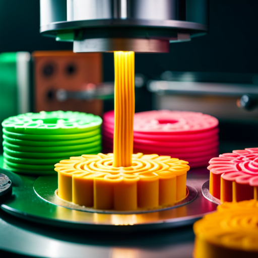 an image of a 3D printer creating intricate and colorful food designs, layer by layer, with precision and detail