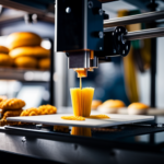 An image of a 3D printer in action, producing intricate and colorful vegan and gluten-free foods such as pasta, cookies, and vegetables