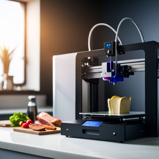 An image of a 3D printer in a kitchen, with food items being printed out of a blockchain technology interface