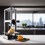 An image of a sleek, futuristic 3D printer in a modern kitchen, producing intricate and appetizing 3D printed food items with precision and efficiency
