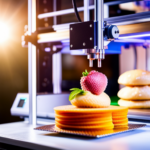 An image of a 3D printer in action, printing intricate and colorful multilayered food items such as pastries, fruits, and savory dishes