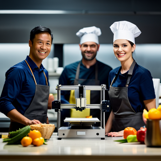 An image of a 3D printer in a commercial kitchen setting, with chefs and technicians working together to optimize the printing process