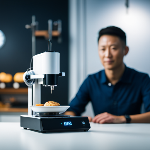 An image of a futuristic 3D food printer in a kitchen, with personalized meal options being printed, showcasing the intersection of technology and nutrition