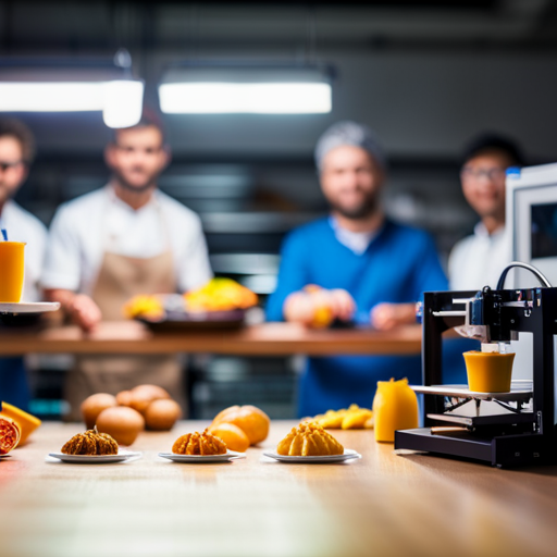 An image of a 3D printer manufacturing miniature food items, with a line of identical printers in the background, showcasing the concept of scaling up production for a food 3D printing business