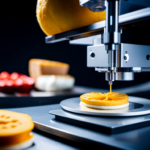 An image of a 3D printer printing food items, with a detailed focus on the printing process, food safety measures, and compliance standards