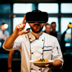 An image of a chef wearing a virtual reality headset, using hand gestures to design and manipulate a 3D printed food item
