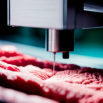 An image of a 3D printer layering plant-based proteins and fats to form a realistic meat alternative, with a close-up view of the intricate printing process and the final product
